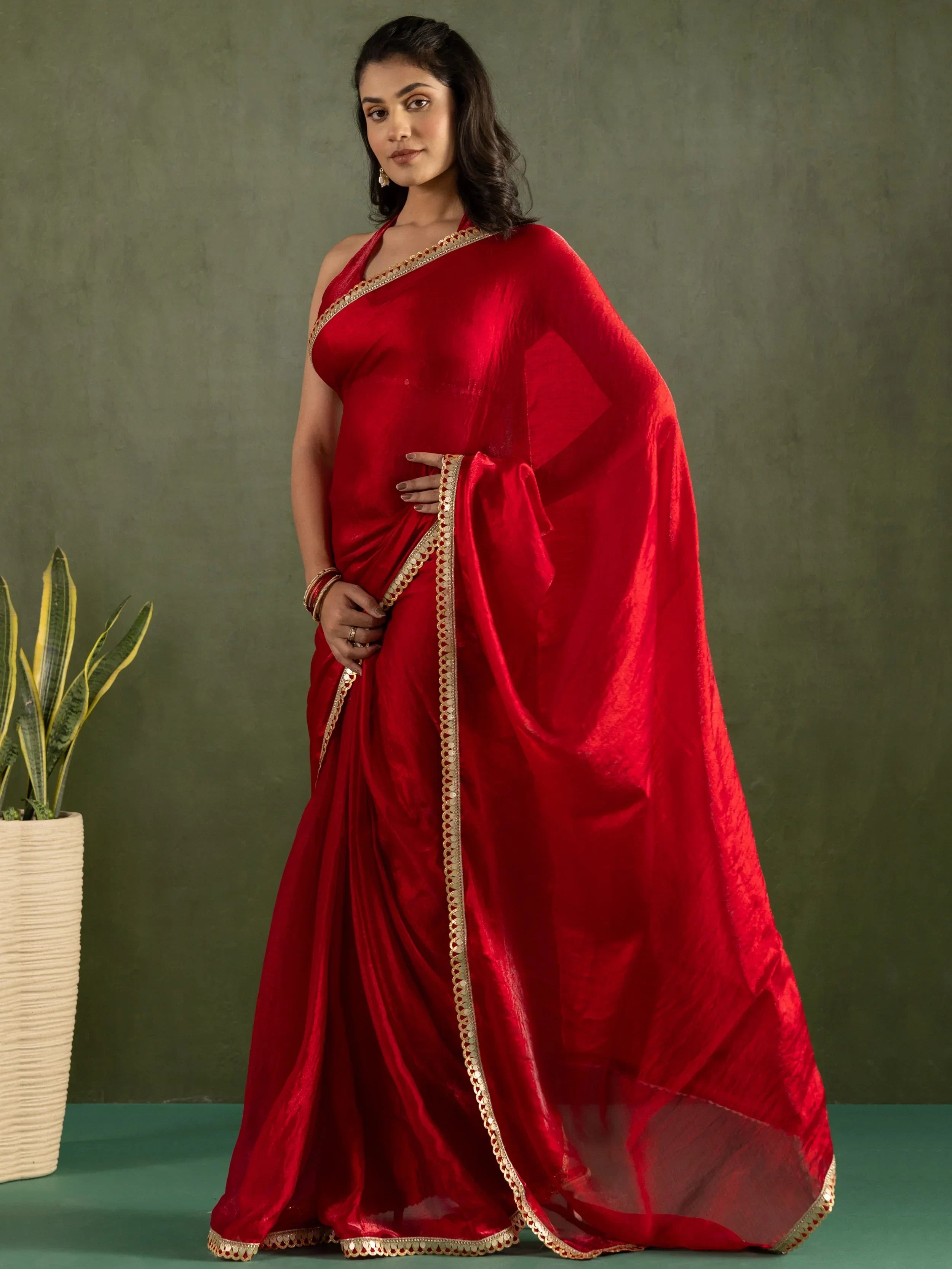 Sweet Red Bordered Chiffon Ready To Wear Saree