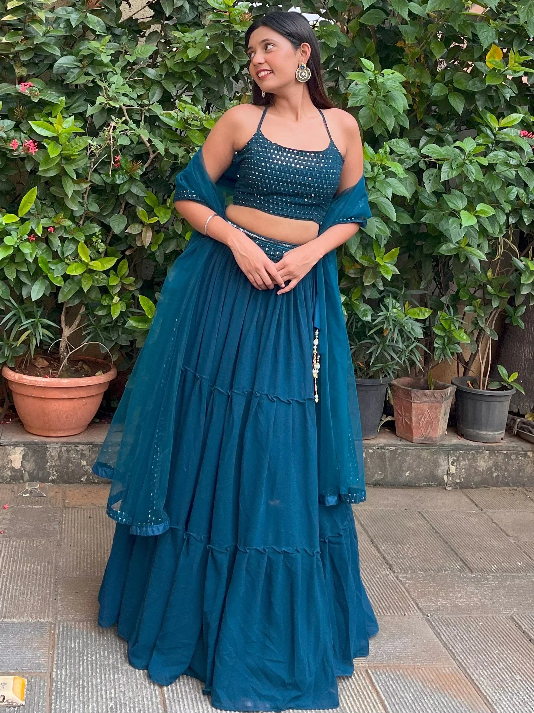 Sweet Teal Blue Georgette Party Wear Lehenga Choli With Dupatta
