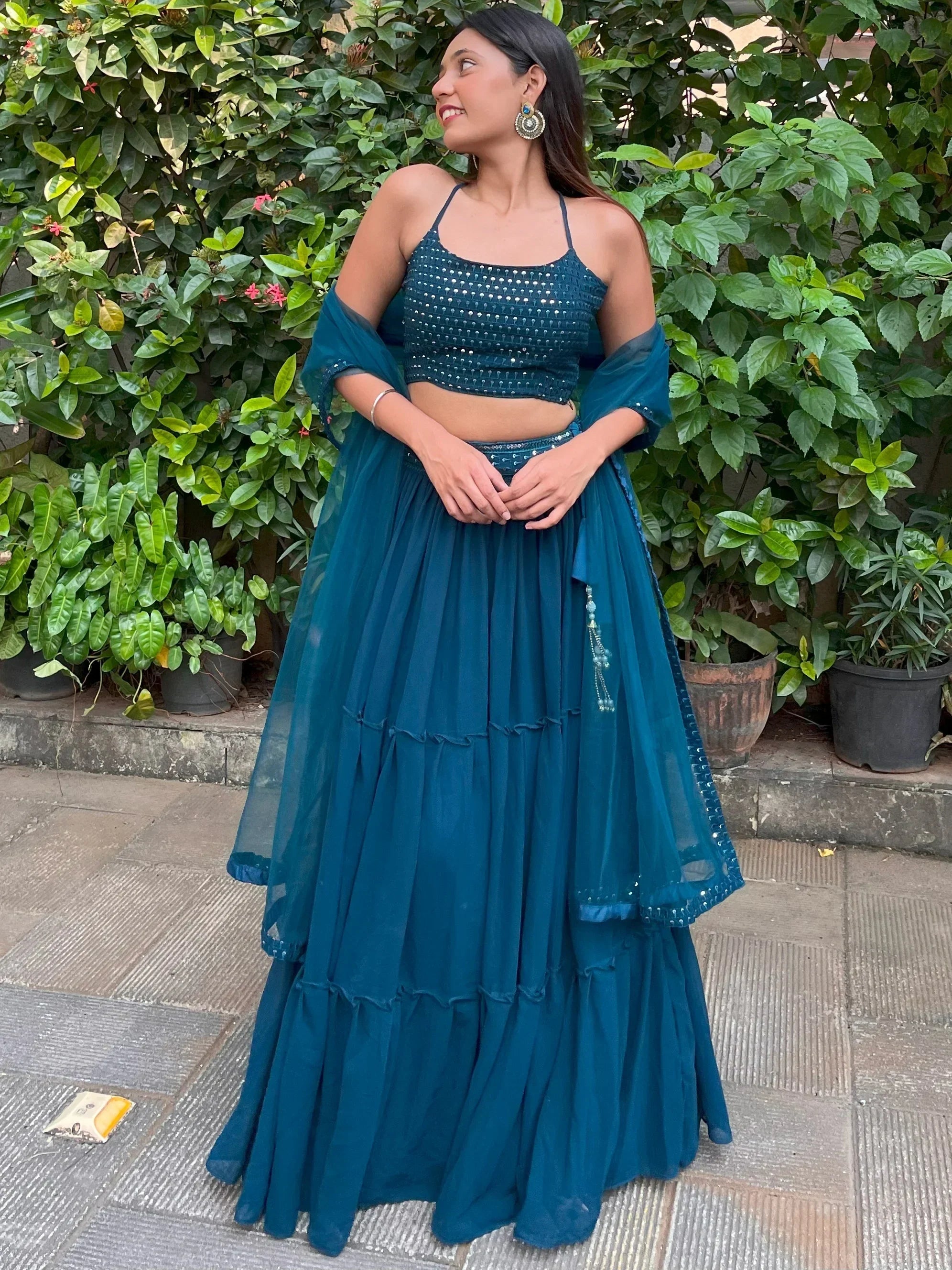 Sweet Teal Blue Georgette Party Wear Lehenga Choli With Dupatta