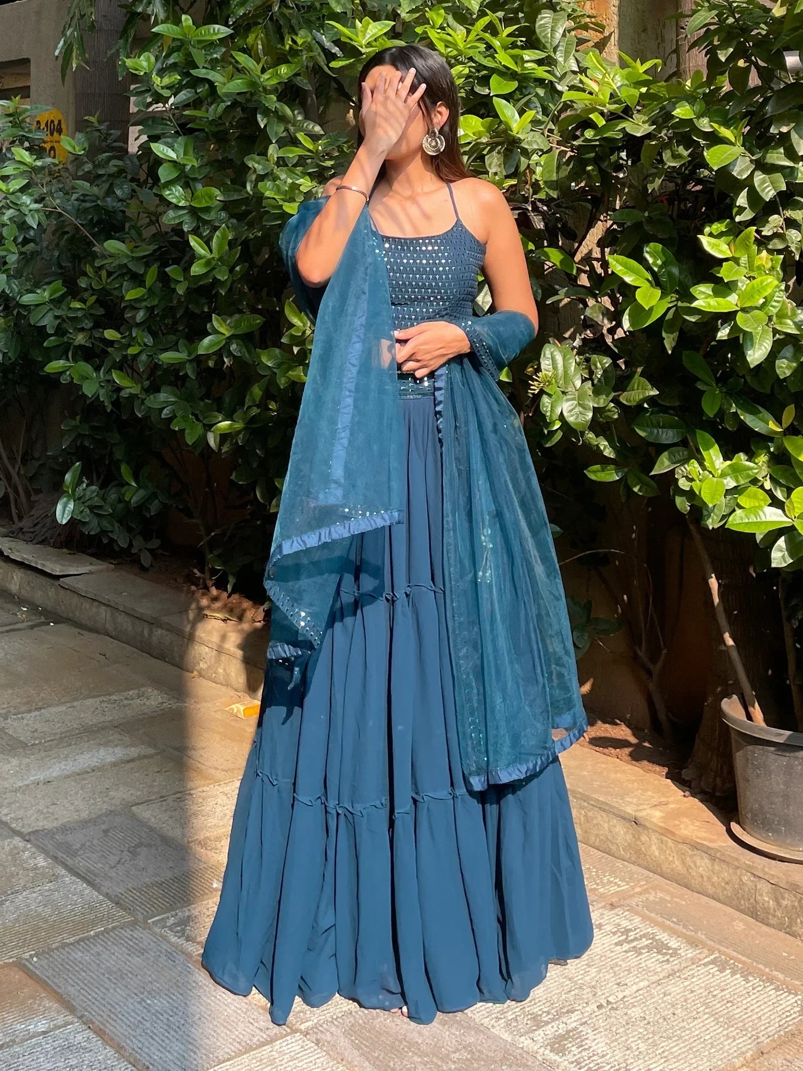 Sweet Teal Blue Georgette Party Wear Lehenga Choli With Dupatta