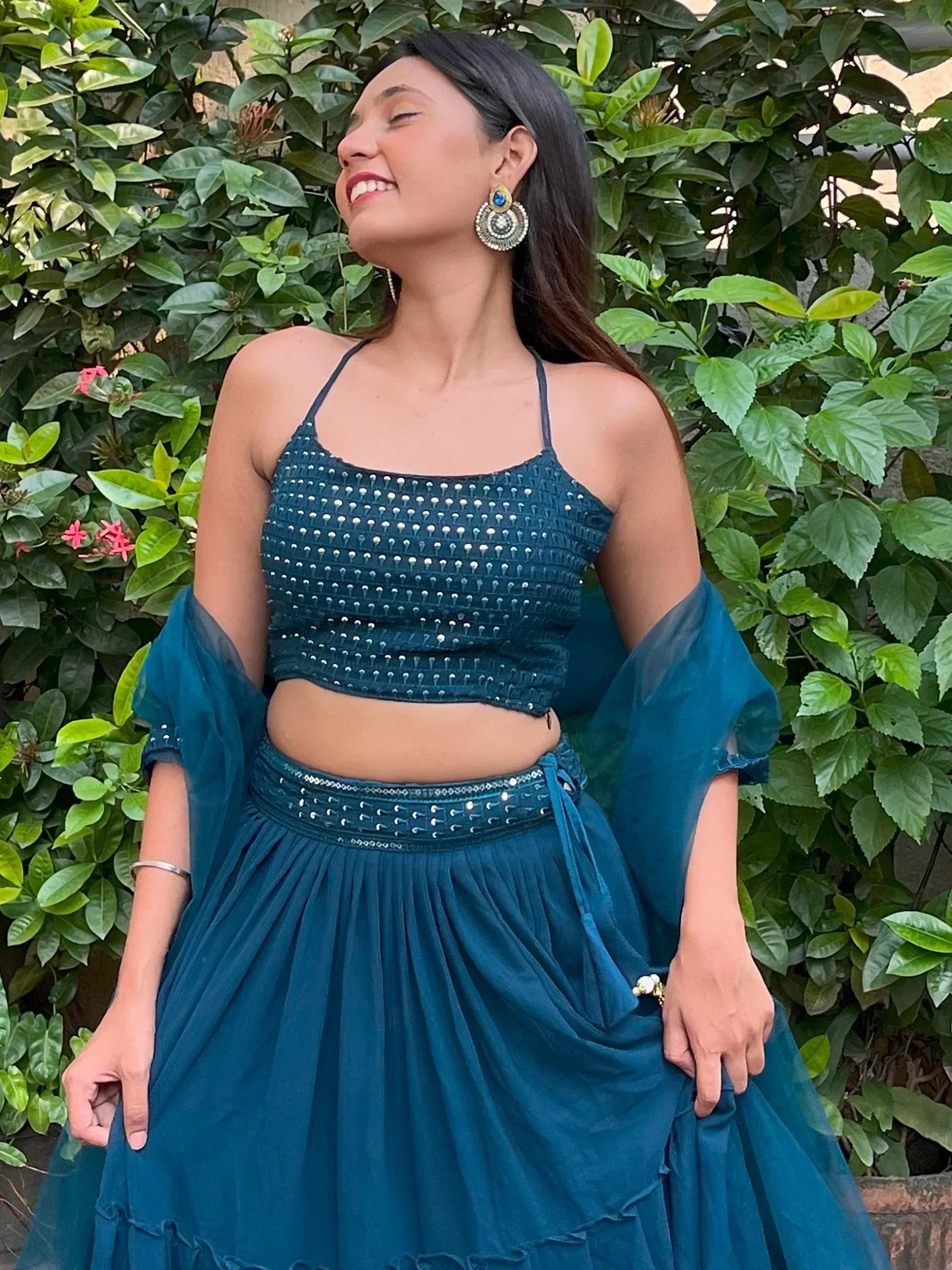 Sweet Teal Blue Georgette Party Wear Lehenga Choli With Dupatta