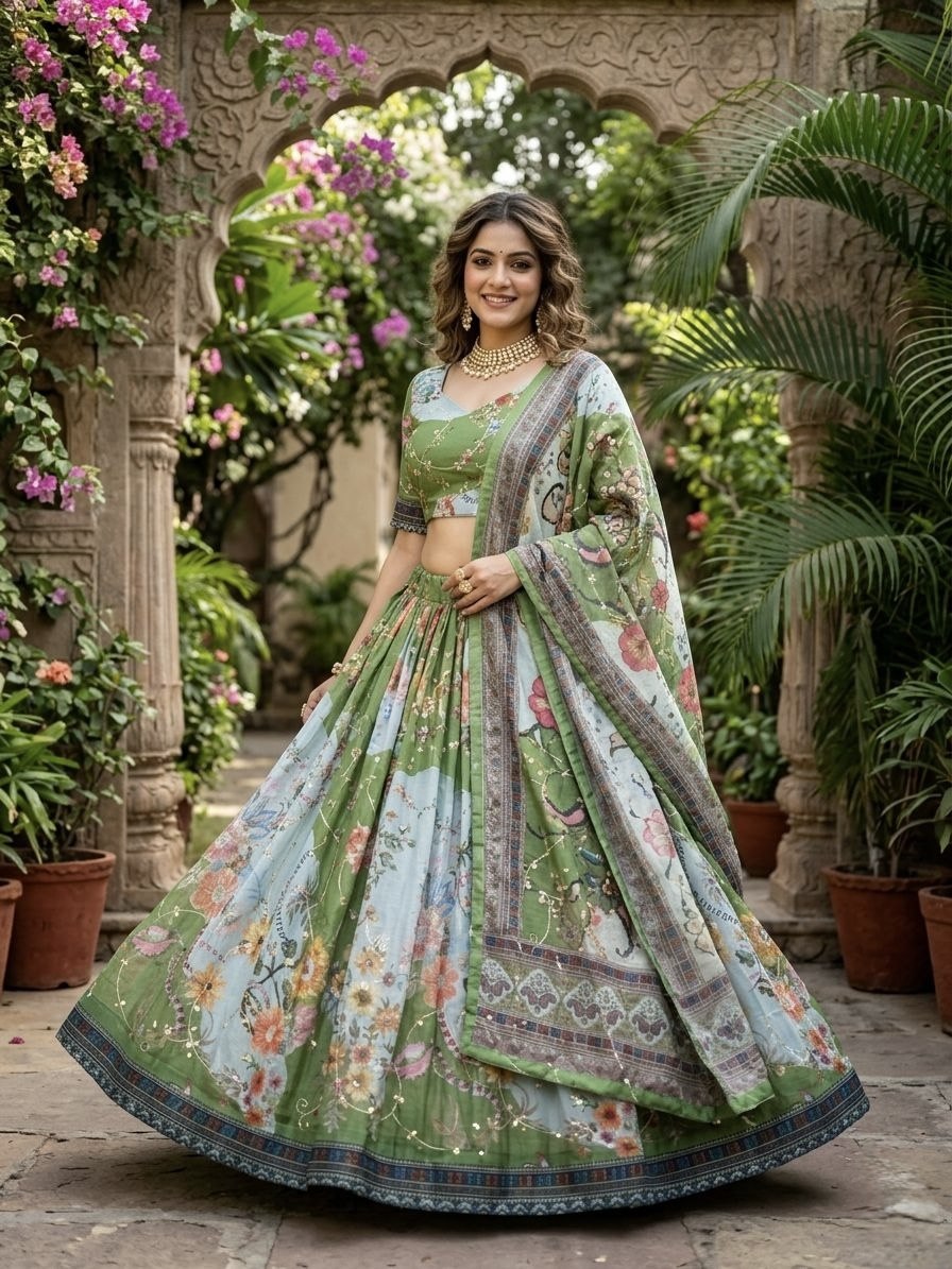 Tabby Silk Digital Printed Lehenga Choli with Embroidery