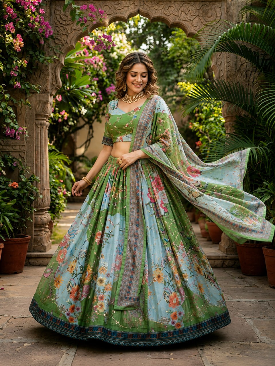 Tabby Silk Digital Printed Lehenga Choli with Embroidery