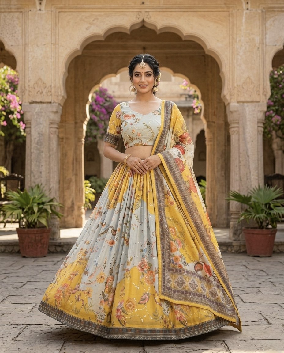 Tabby Silk Digital Printed Lehenga Choli with Embroidery