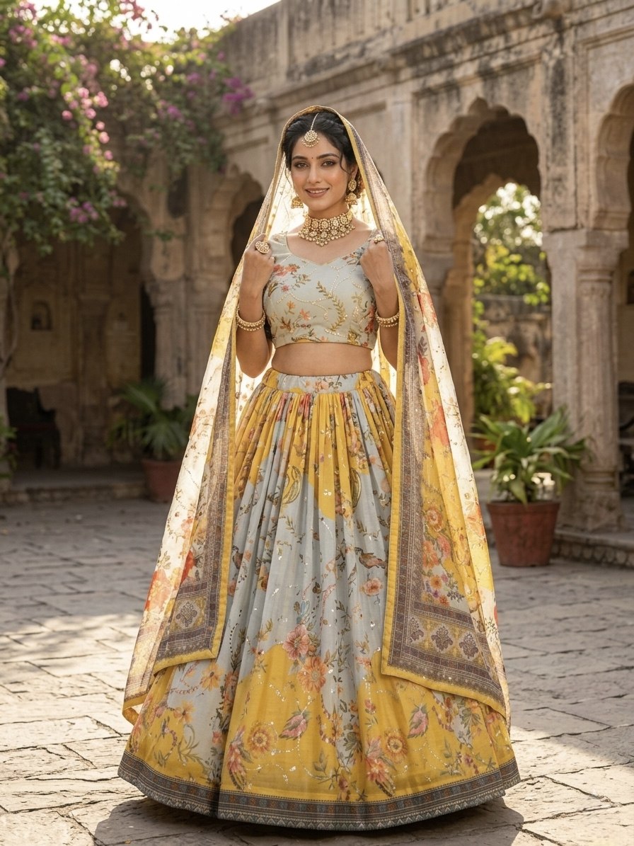 Tabby Silk Digital Printed Lehenga Choli with Embroidery