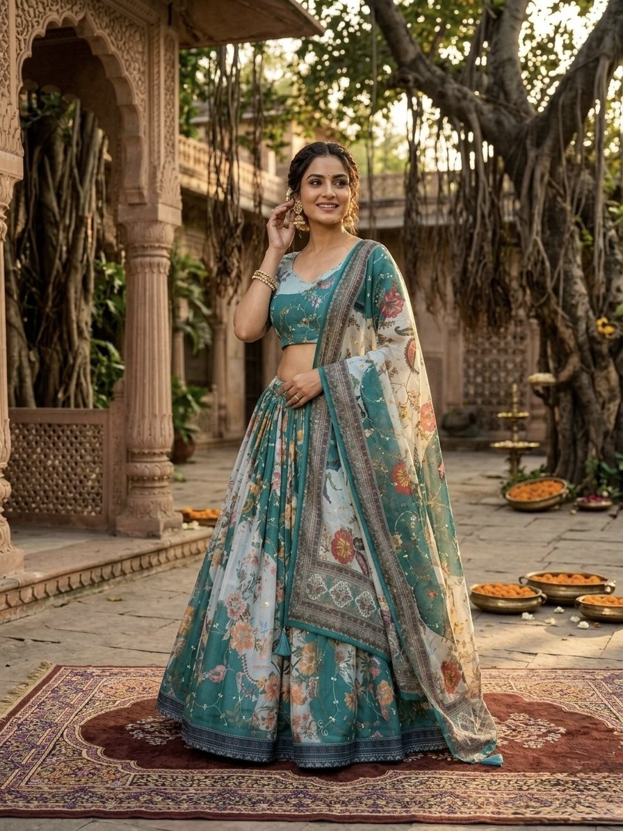 Tabby Silk Digital Printed Lehenga Choli with Embroidery