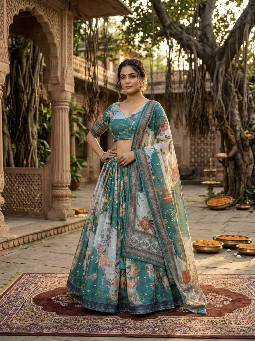 Tabby Silk Digital Printed Lehenga Choli with Embroidery