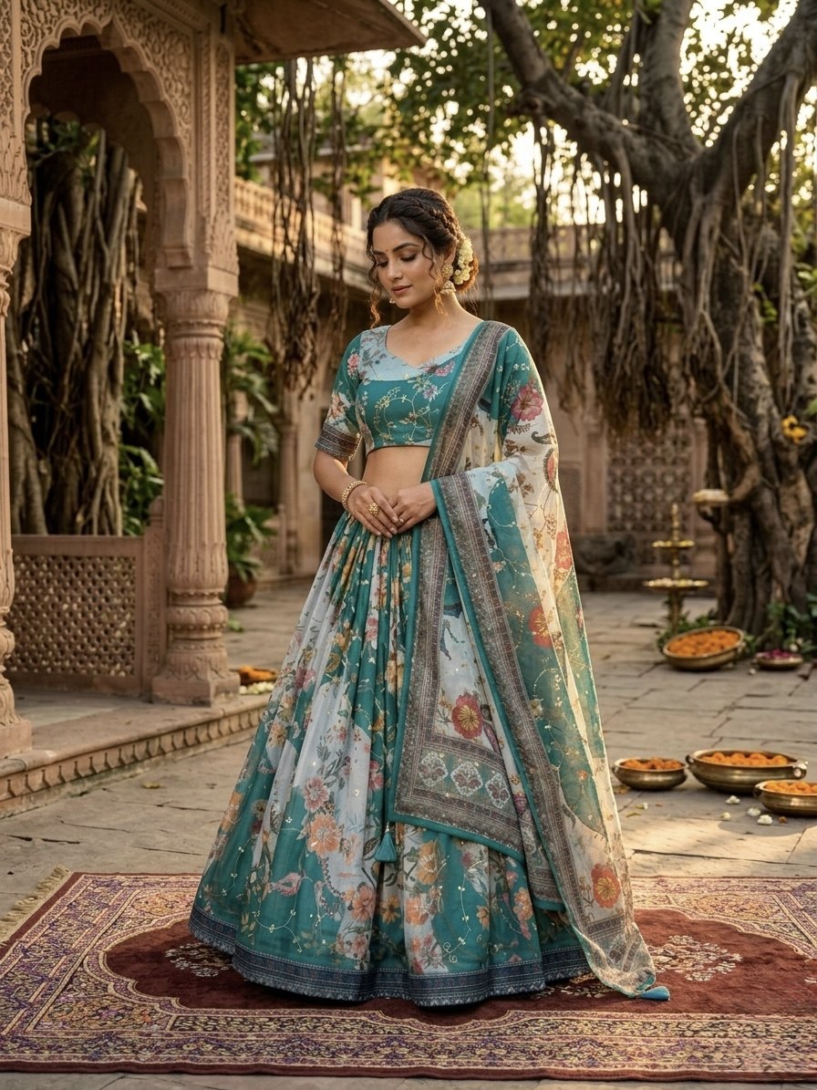 Tabby Silk Digital Printed Lehenga Choli with Embroidery