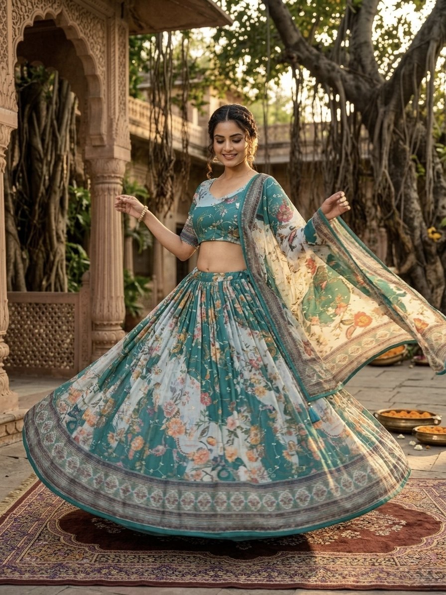 Tabby Silk Digital Printed Lehenga Choli with Embroidery