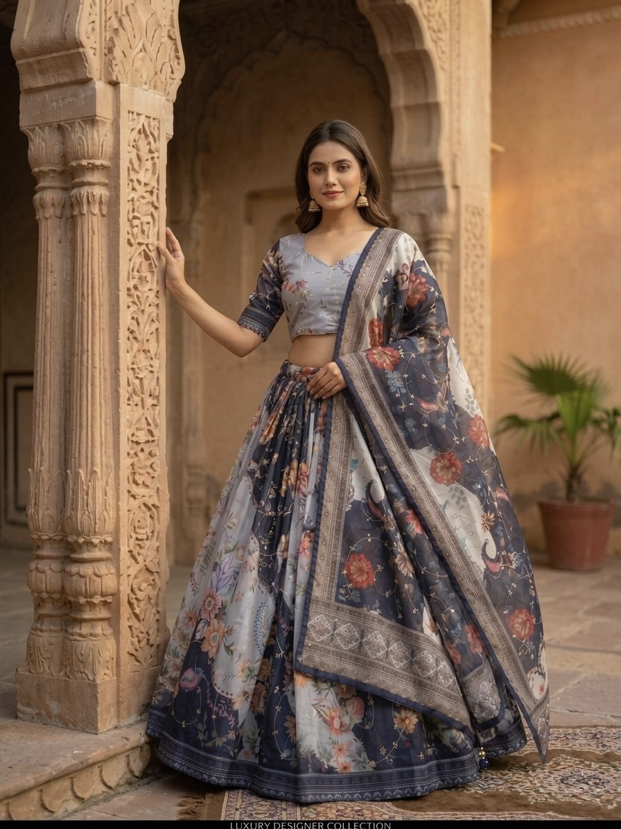 Tabby Silk Digital Printed Lehenga Choli with Embroidery