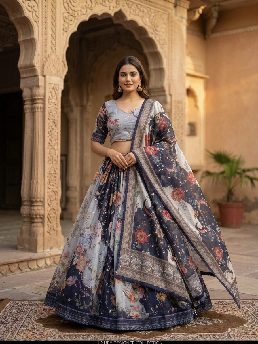 Tabby Silk Digital Printed Lehenga Choli with Embroidery