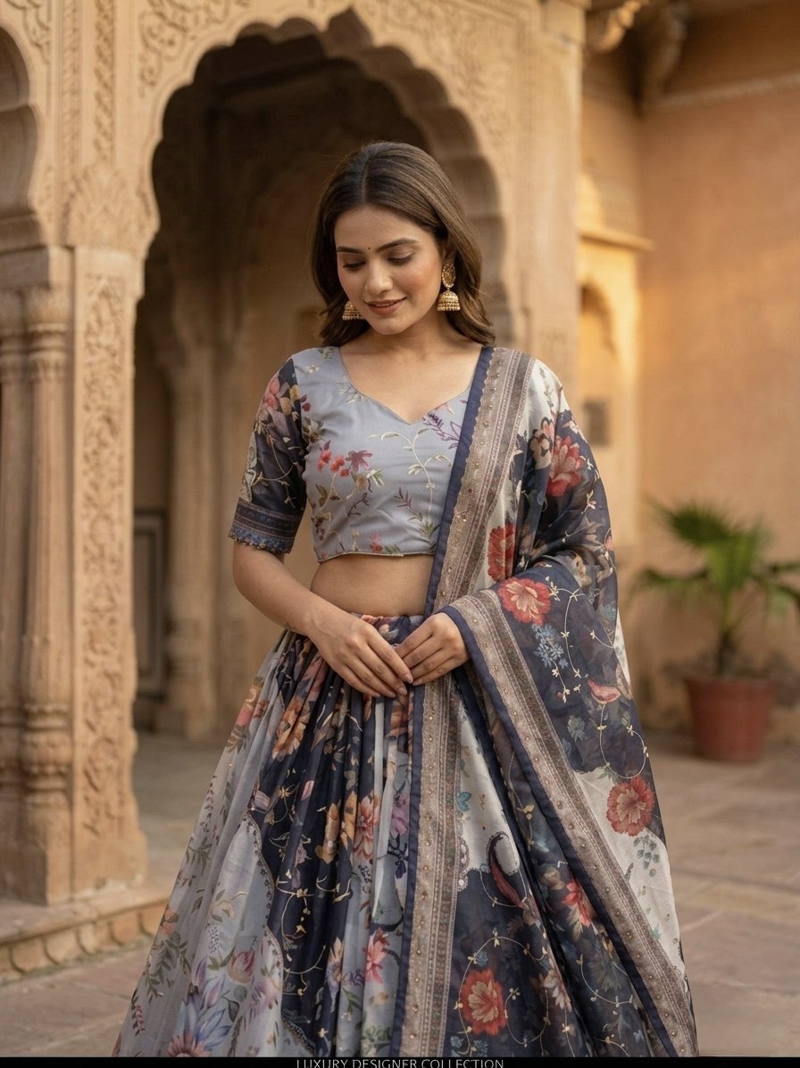 Tabby Silk Digital Printed Lehenga Choli with Embroidery