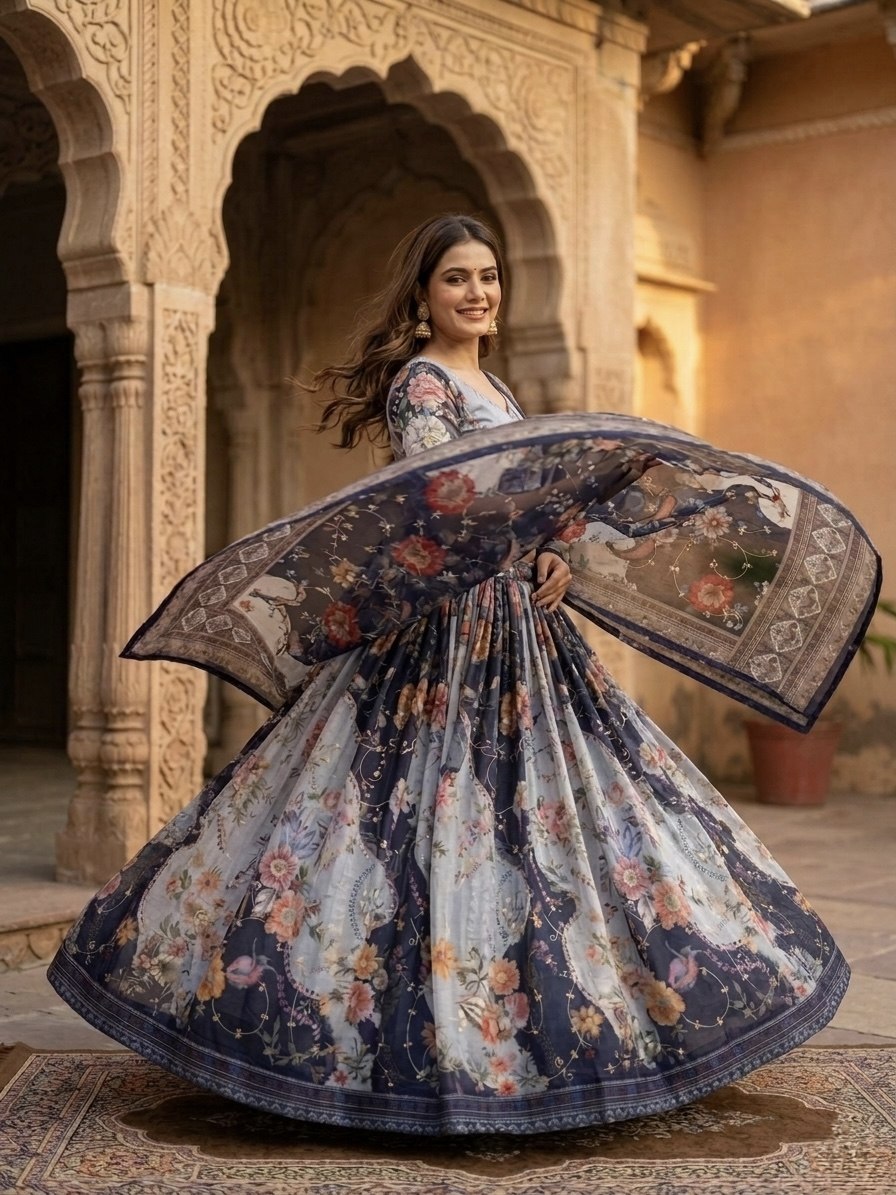 Tabby Silk Digital Printed Lehenga Choli with Embroidery