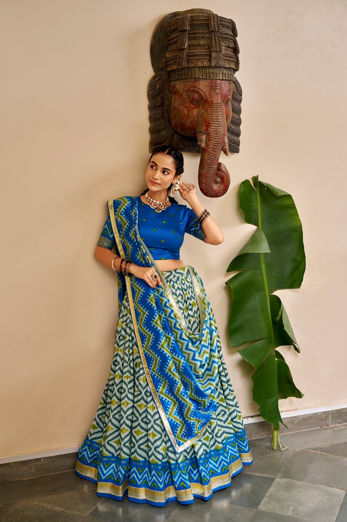 Tasar Silk Ikat Foil Print Lehenga Choli