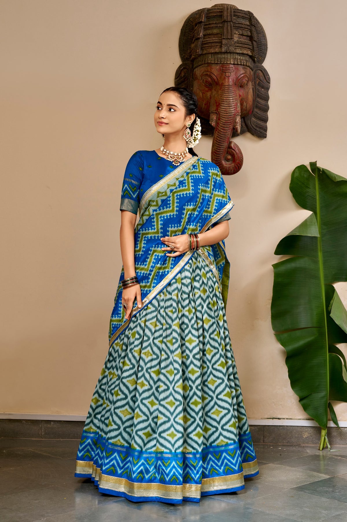 Tasar Silk Ikat Foil Print Lehenga Choli