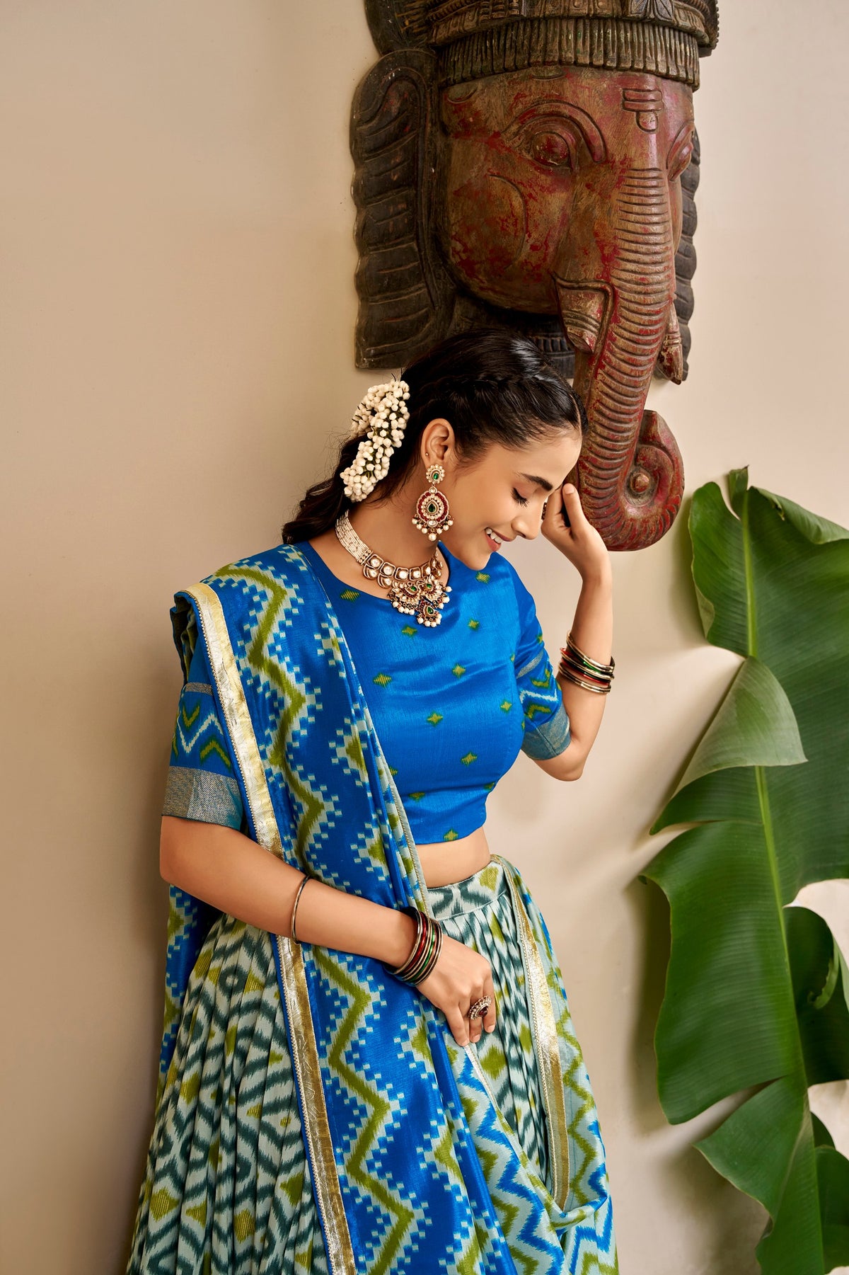 Tasar Silk Ikat Foil Print Lehenga Choli