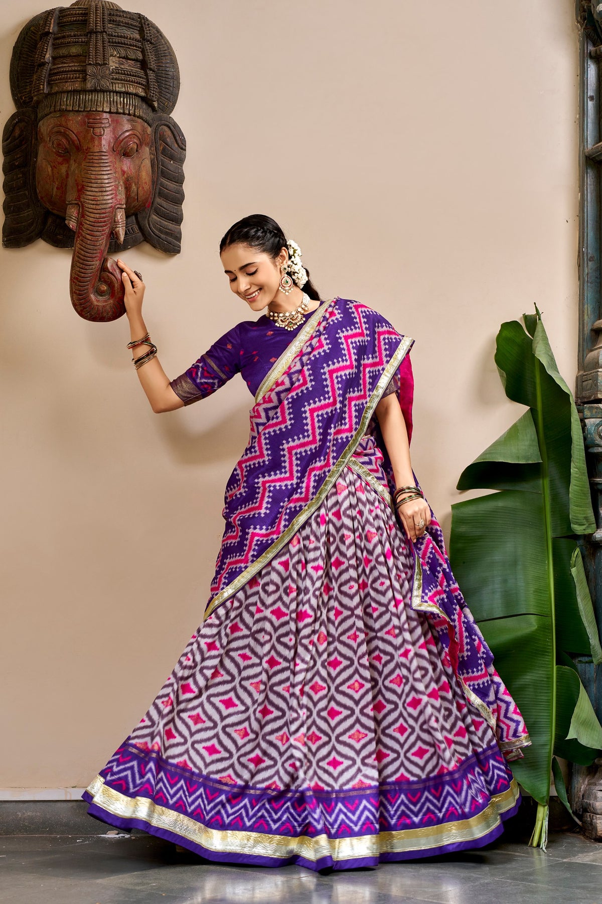 Tasar Silk Ikat Foil Print Lehenga Choli