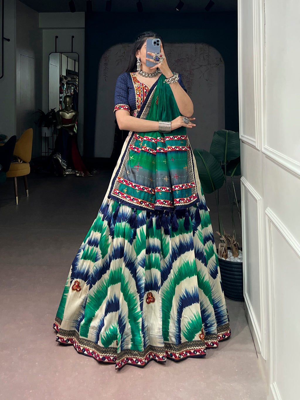 Tasar Silk Tie & Dye Gamthi Work Navratri Lehenga Choli