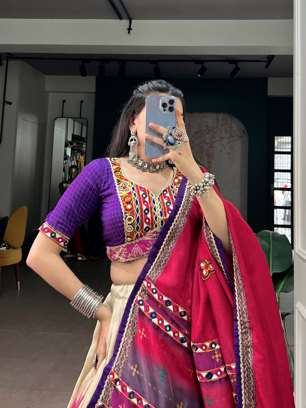 Tasar Silk Tie & Dye Gamthi Work Navratri Lehenga Choli