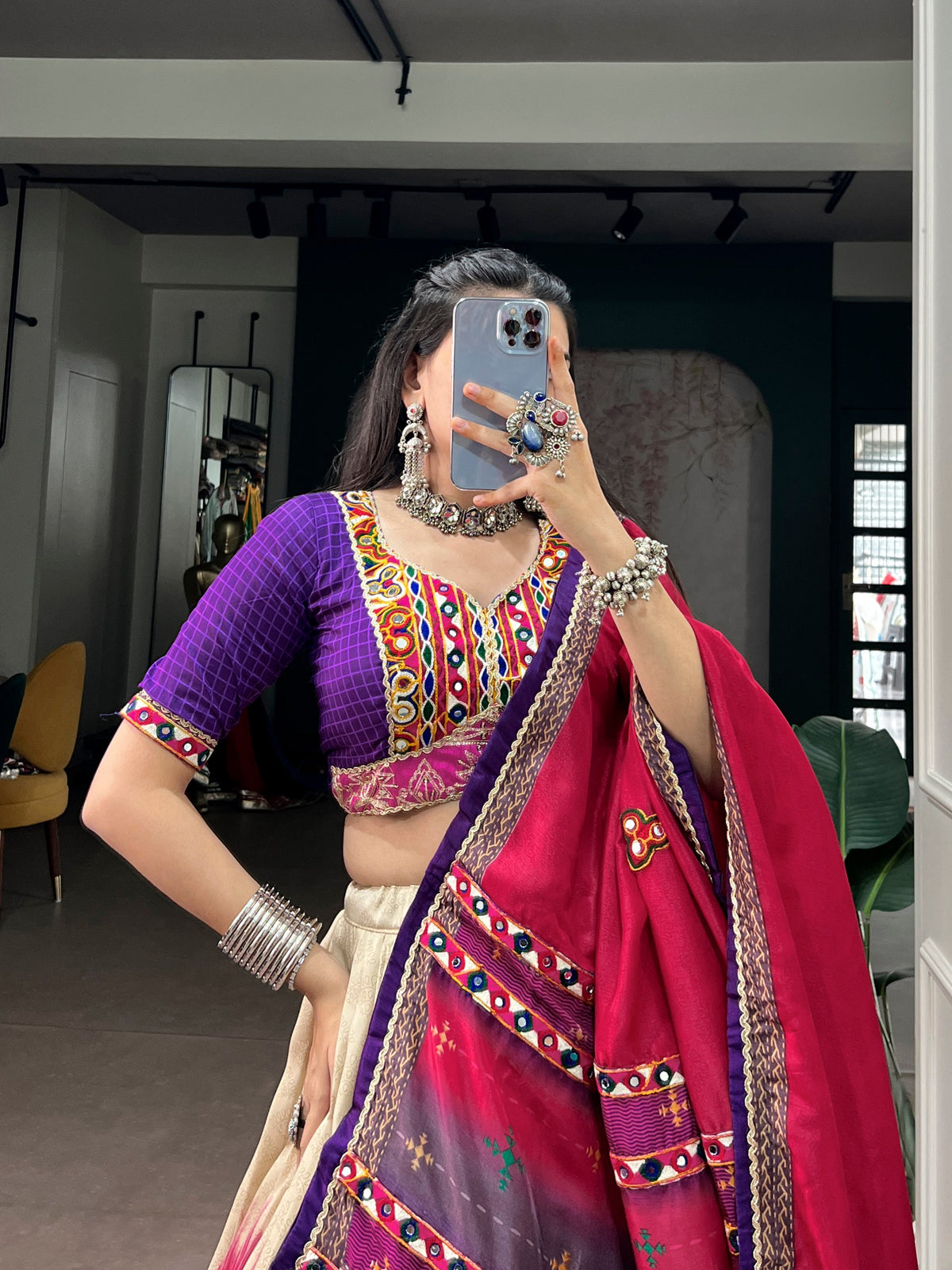 Tasar Silk Tie & Dye Gamthi Work Navratri Lehenga Choli