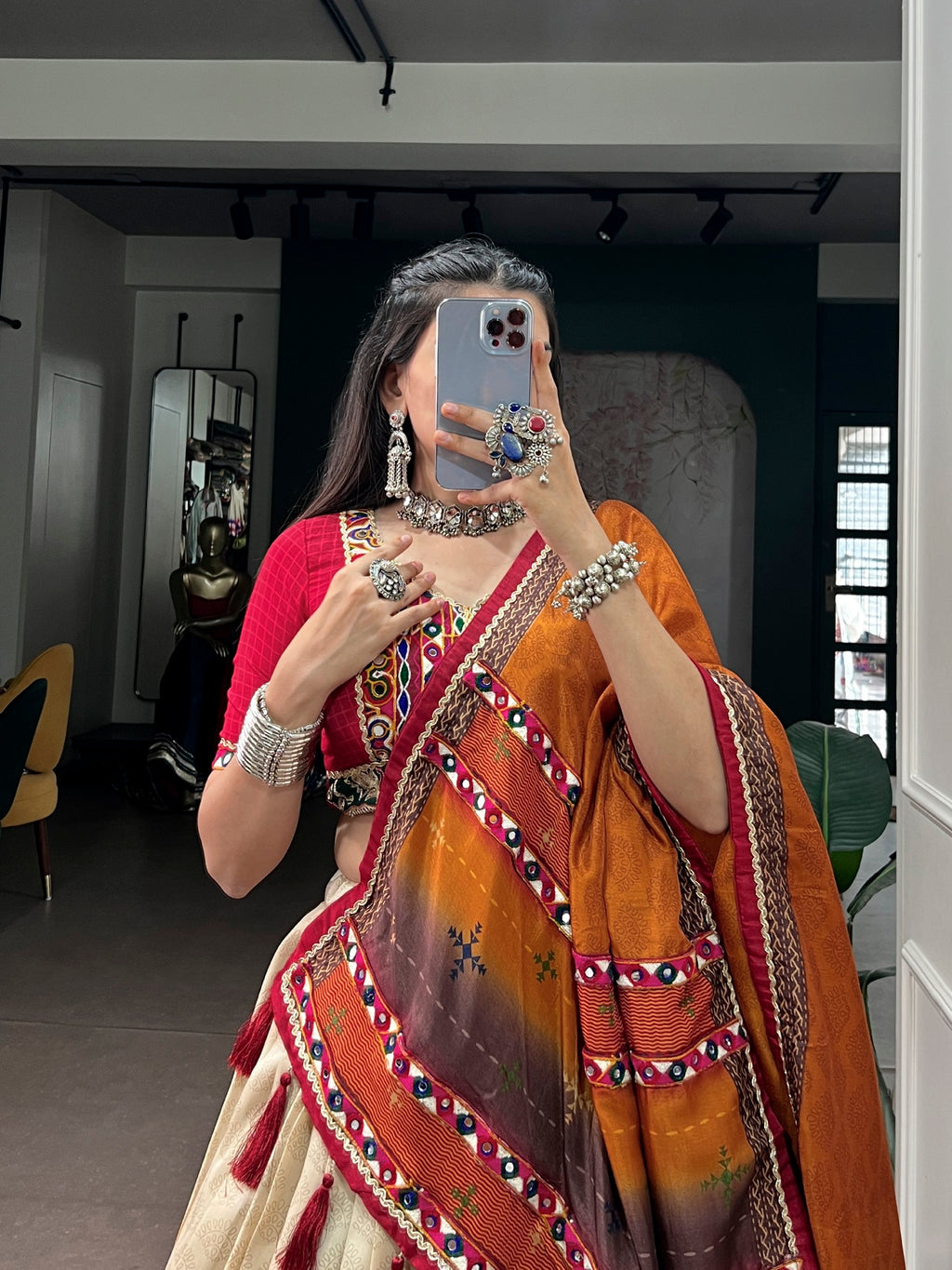 Tasar Silk Tie & Dye Gamthi Work Navratri Lehenga Choli