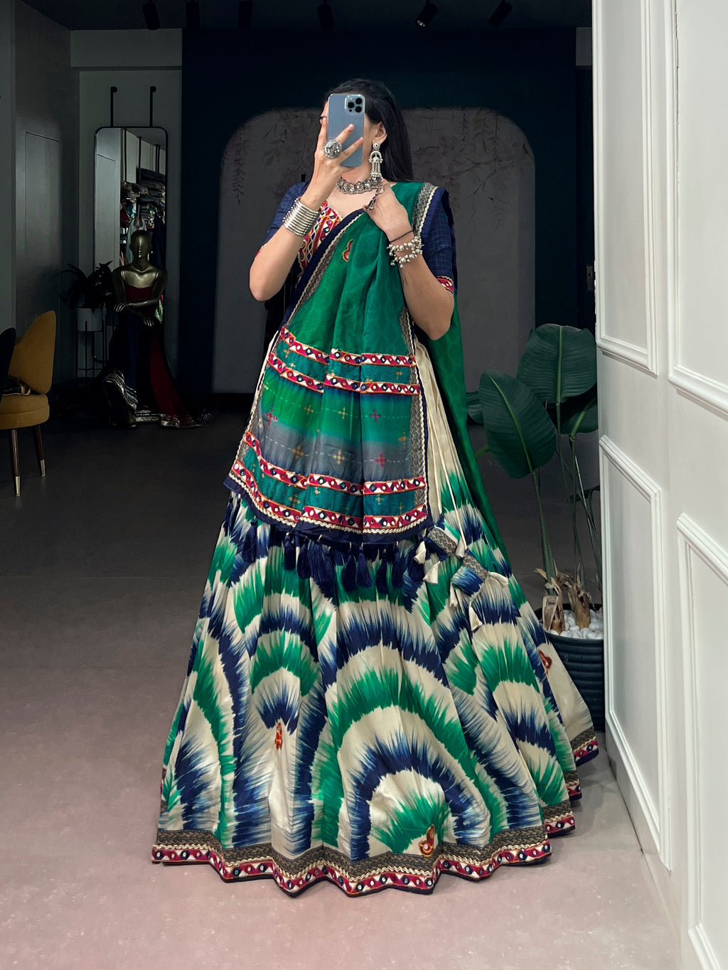 Tasar Silk Tie & Dye Gamthi Work Navratri Lehenga Choli
