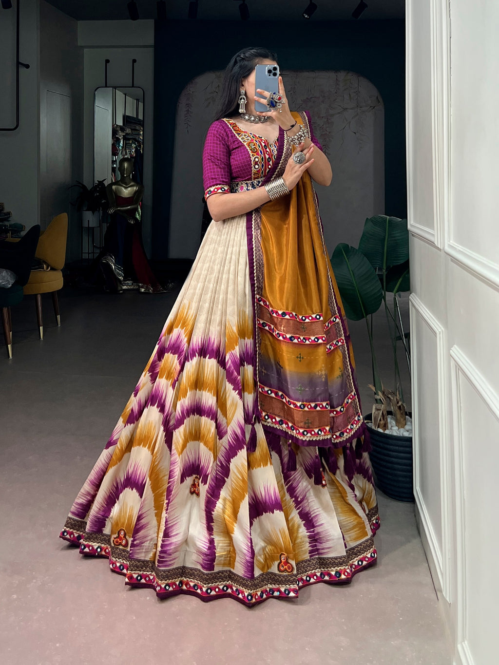 Tasar Silk Tie & Dye Gamthi Work Navratri Lehenga Choli
