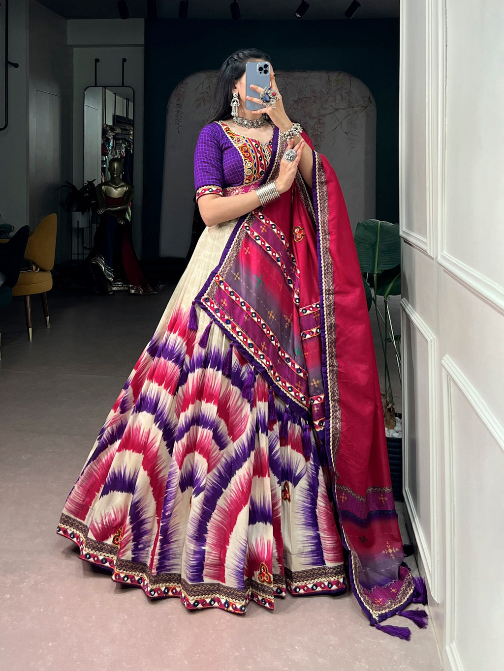 Tasar Silk Tie & Dye Gamthi Work Navratri Lehenga Choli
