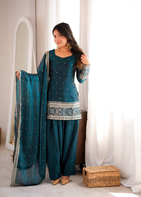 Teal Green Embroidery and Sequence Work Fendy Silk Salwar Kameez