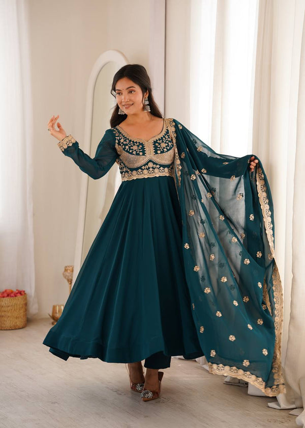 Teal Sequence Embroidery Blooming Georgette Gown with Pant and Dupatta