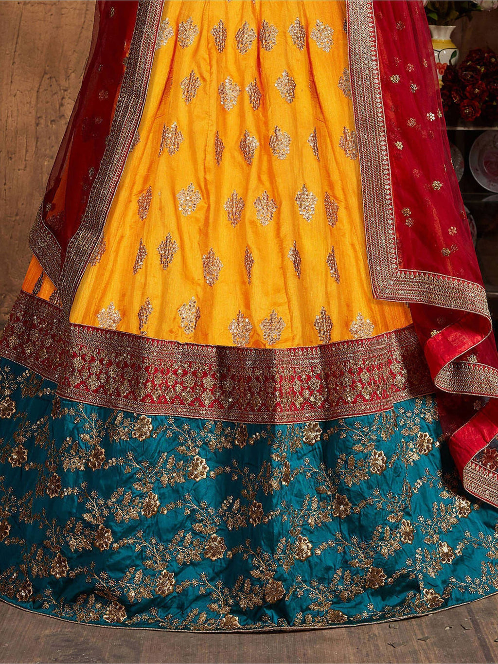 Teal Embroidery Banarasi Silk Bridal Lehenga Choli With Dupatta