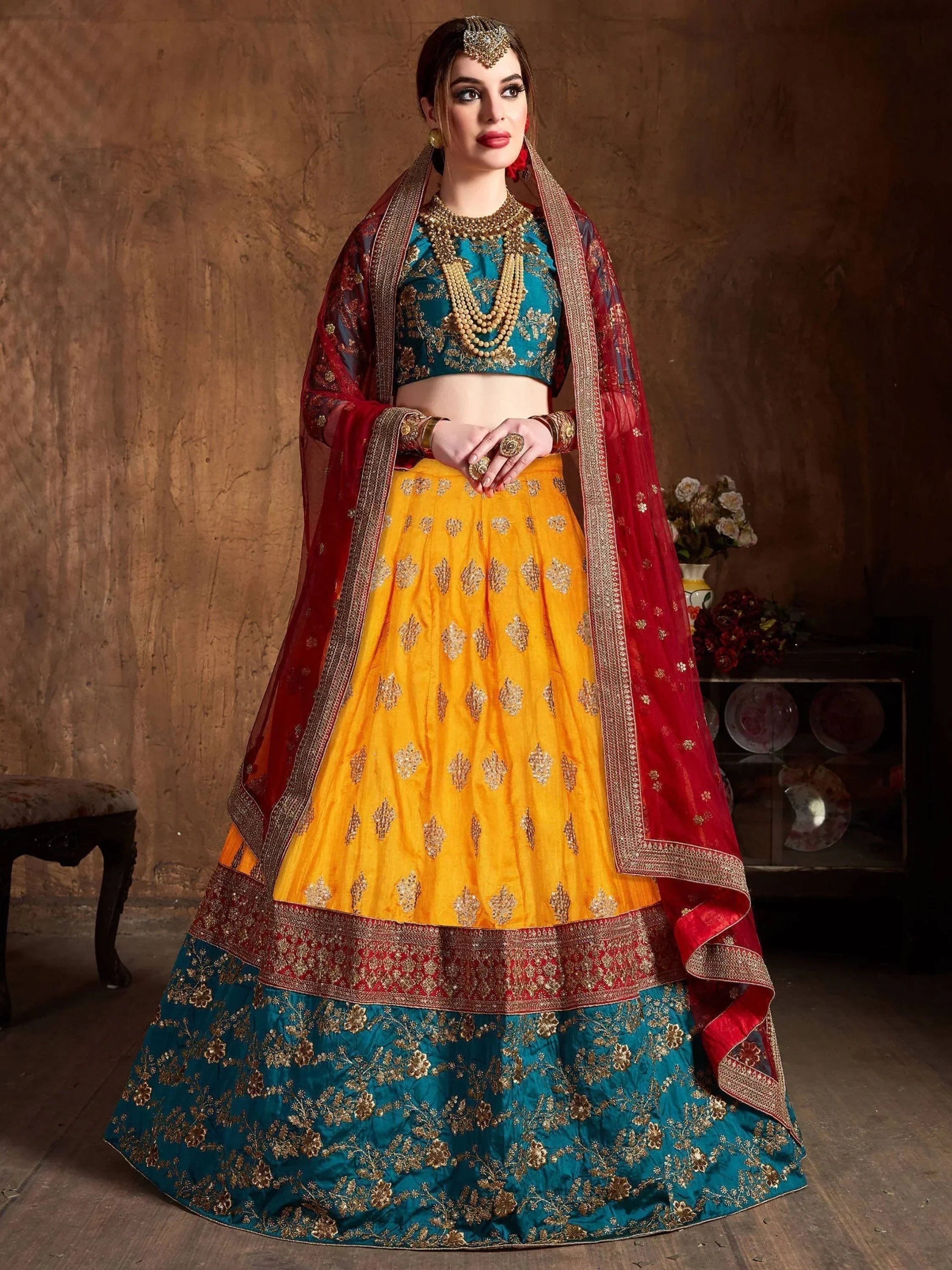 Teal Embroidery Banarasi Silk Bridal Lehenga Choli With Dupatta