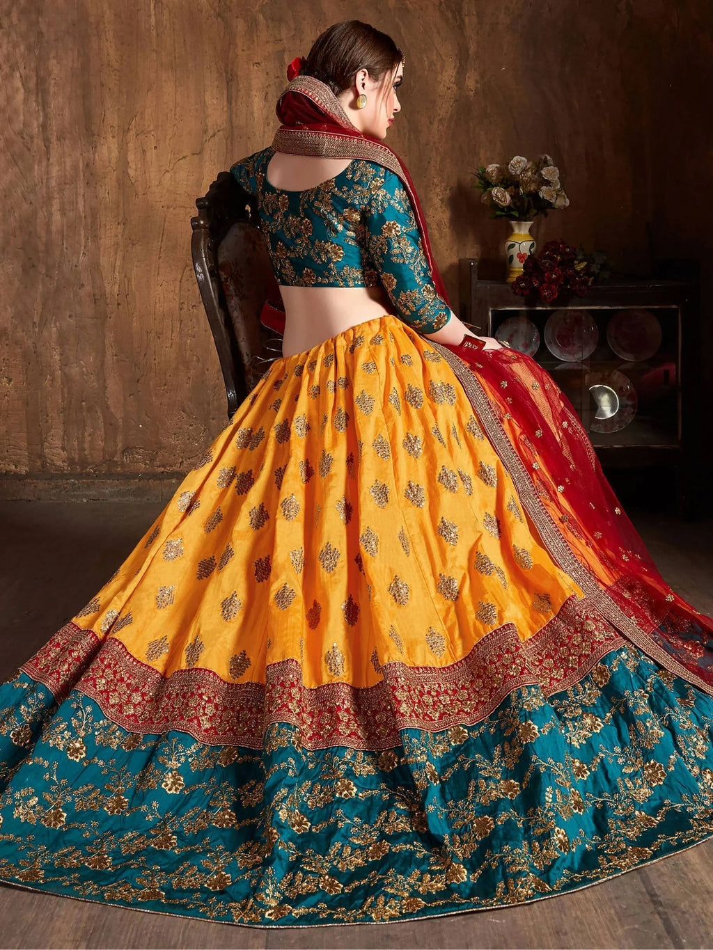 Teal Embroidery Banarasi Silk Bridal Lehenga Choli With Dupatta