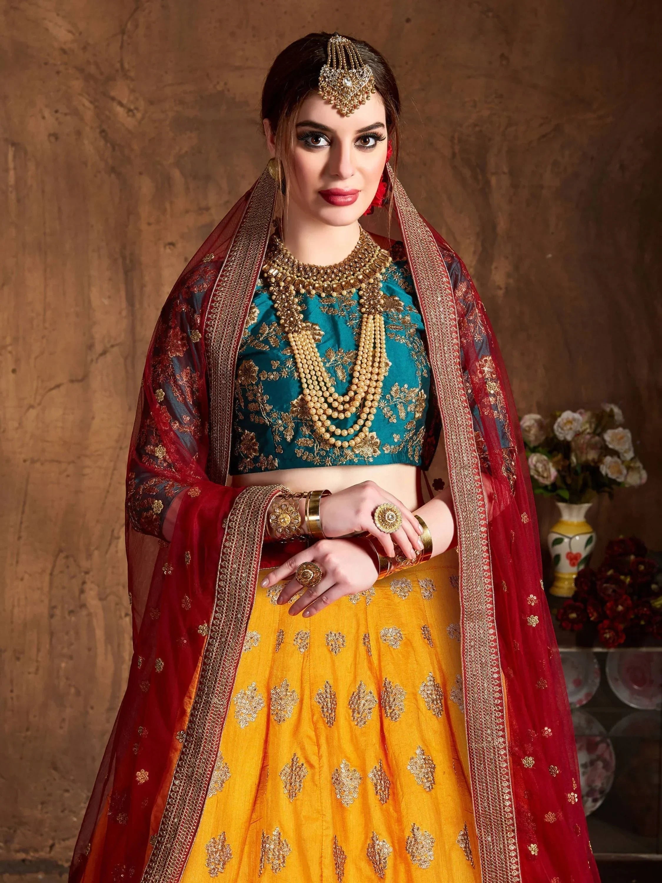 Teal Embroidery Banarasi Silk Bridal Lehenga Choli With Dupatta