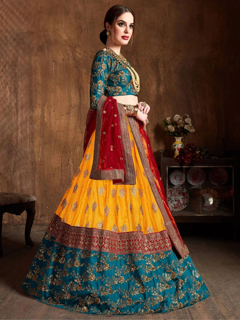 Teal Embroidery Banarasi Silk Bridal Lehenga Choli With Dupatta