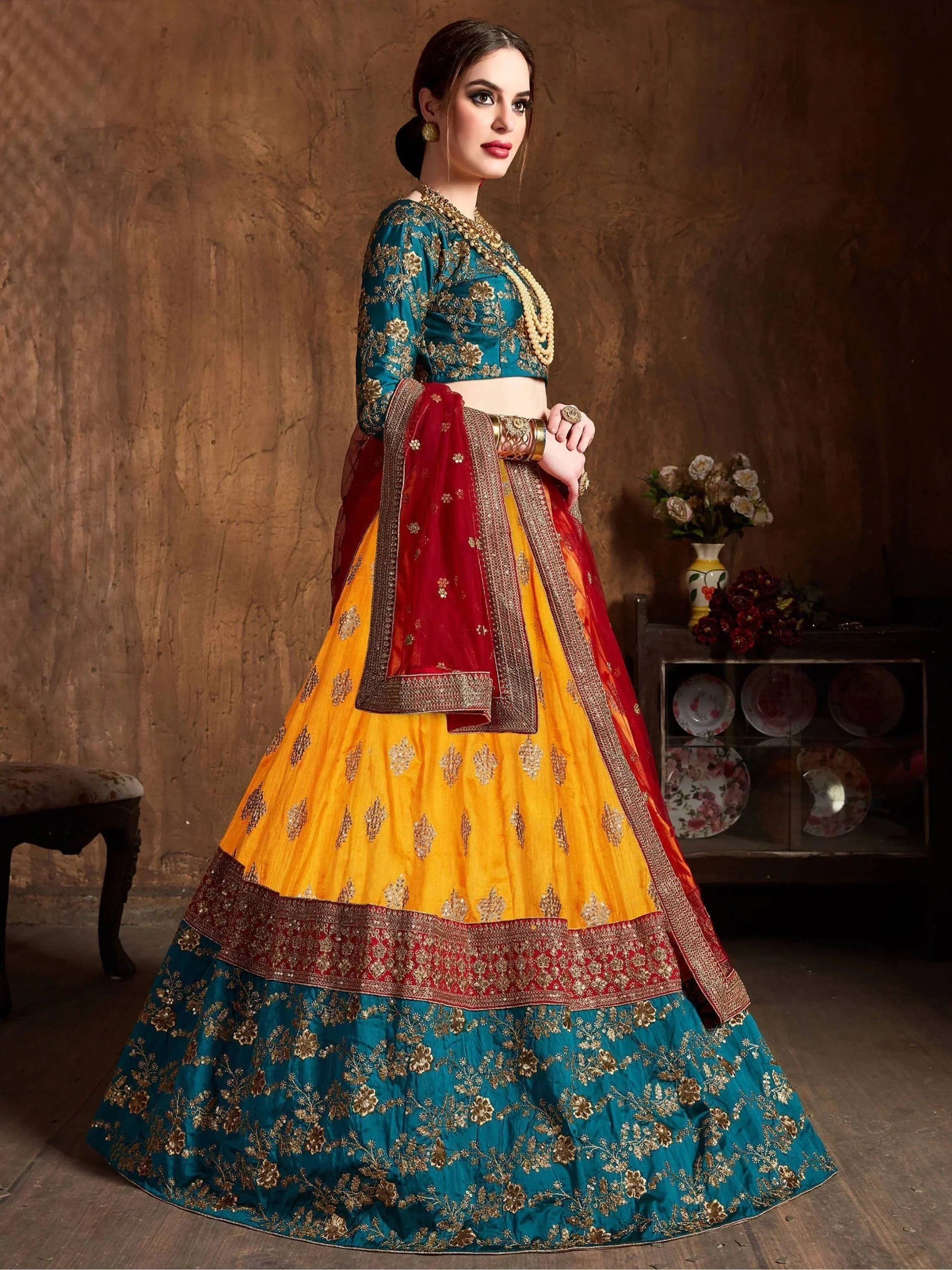 Teal Embroidery Banarasi Silk Bridal Lehenga Choli With Dupatta