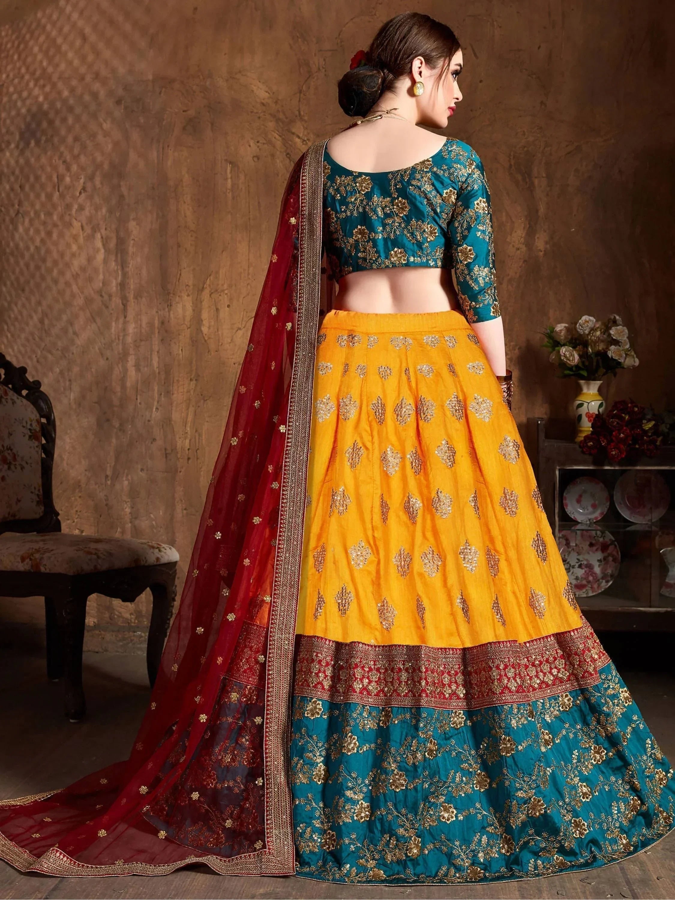 Teal Embroidery Banarasi Silk Bridal Lehenga Choli With Dupatta