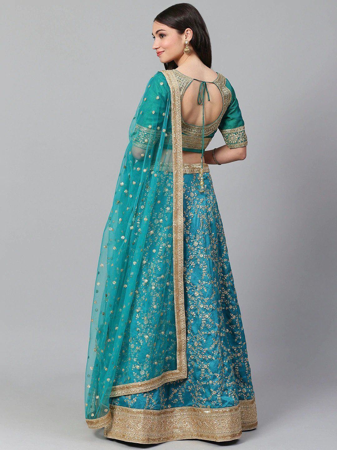 Turquoise Semi-Stitched Myntra Wedding Wear Lehenga & Unstitched Blouse with Dupatta