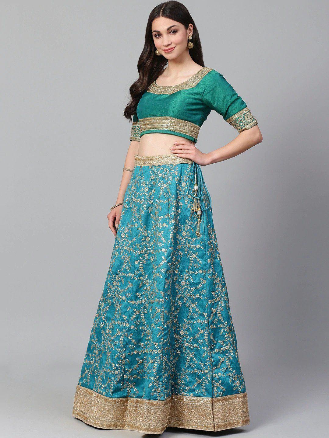 Turquoise Semi-Stitched Myntra Wedding Wear Lehenga & Unstitched Blouse with Dupatta