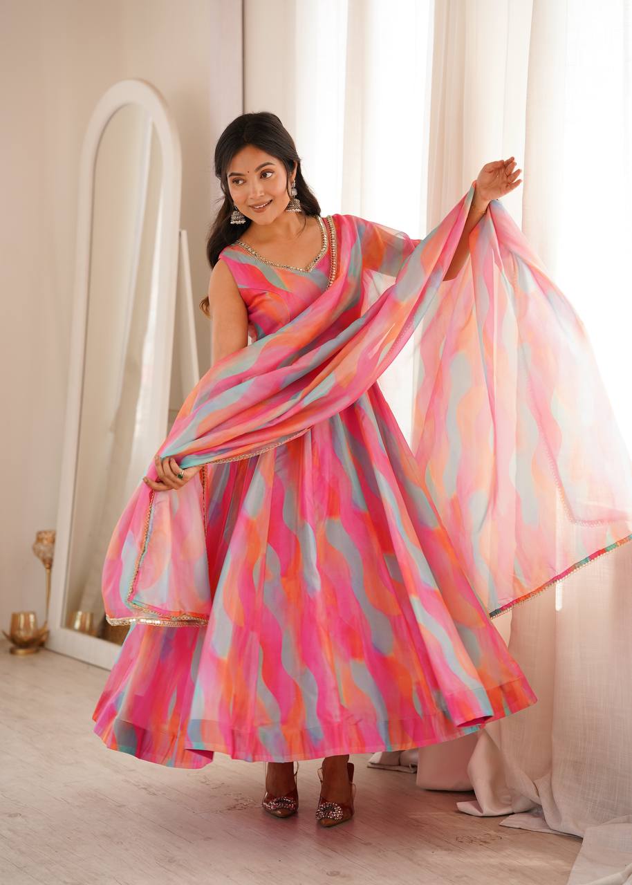 Tebi Organza Mirror Lace Gown with Pant and Dupatta