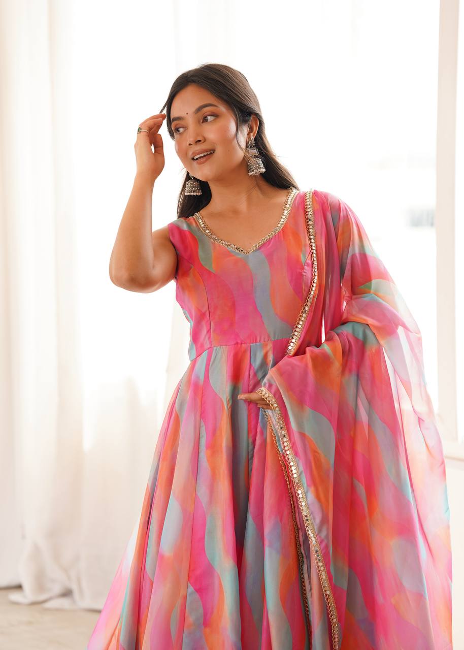 Tebi Organza Mirror Lace Gown with Pant and Dupatta