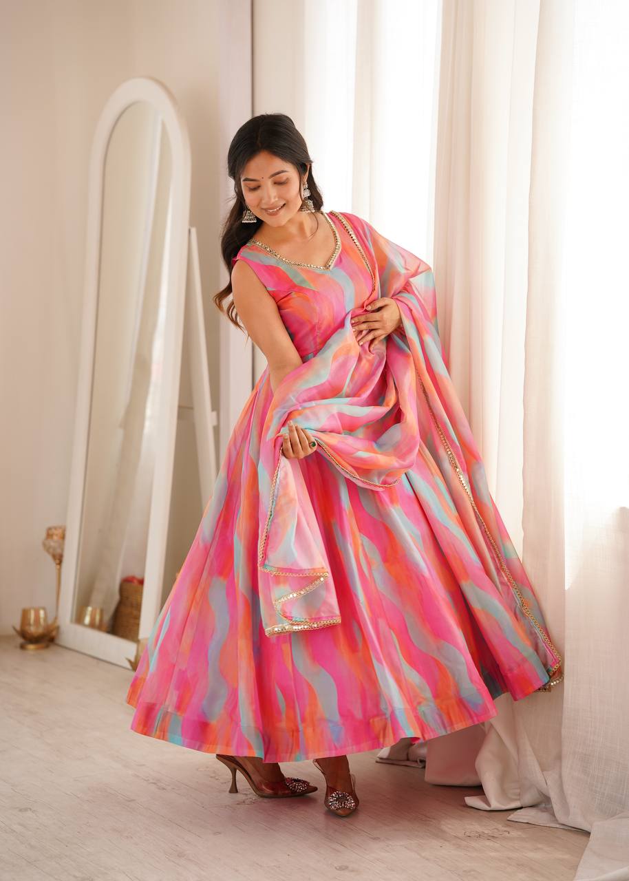 Tebi Organza Mirror Lace Gown with Pant and Dupatta