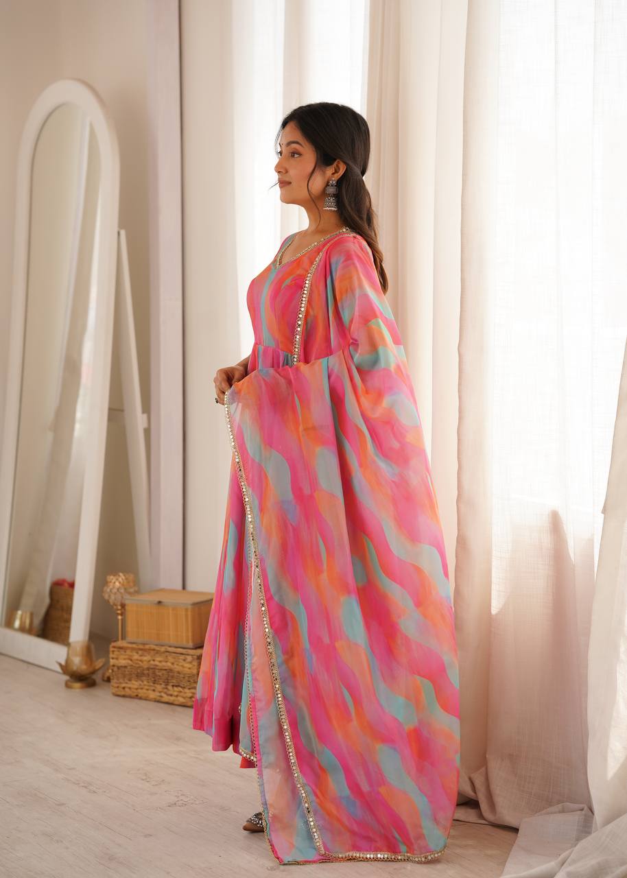 Tebi Organza Mirror Lace Gown with Pant and Dupatta