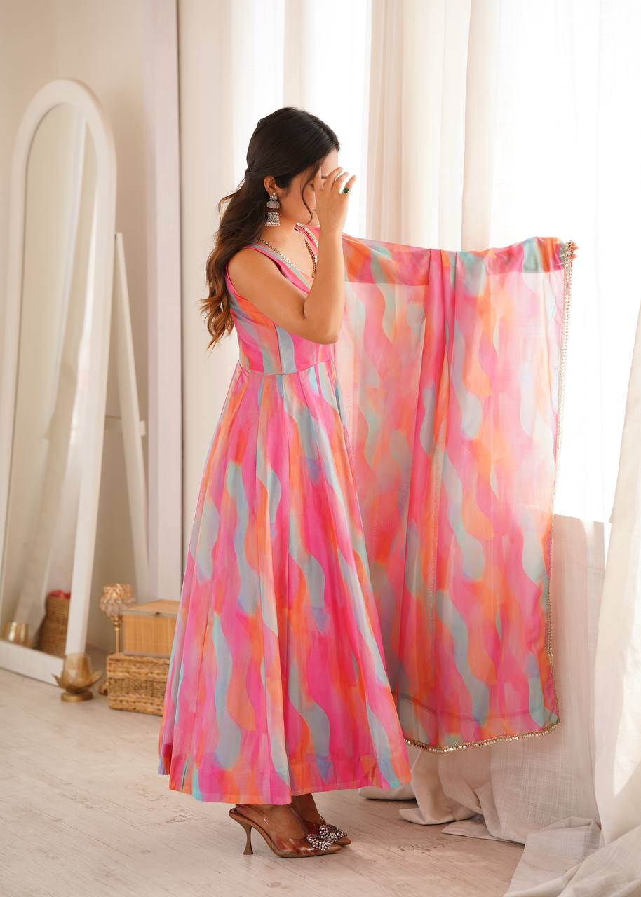Tebi Organza Mirror Lace Gown with Pant and Dupatta