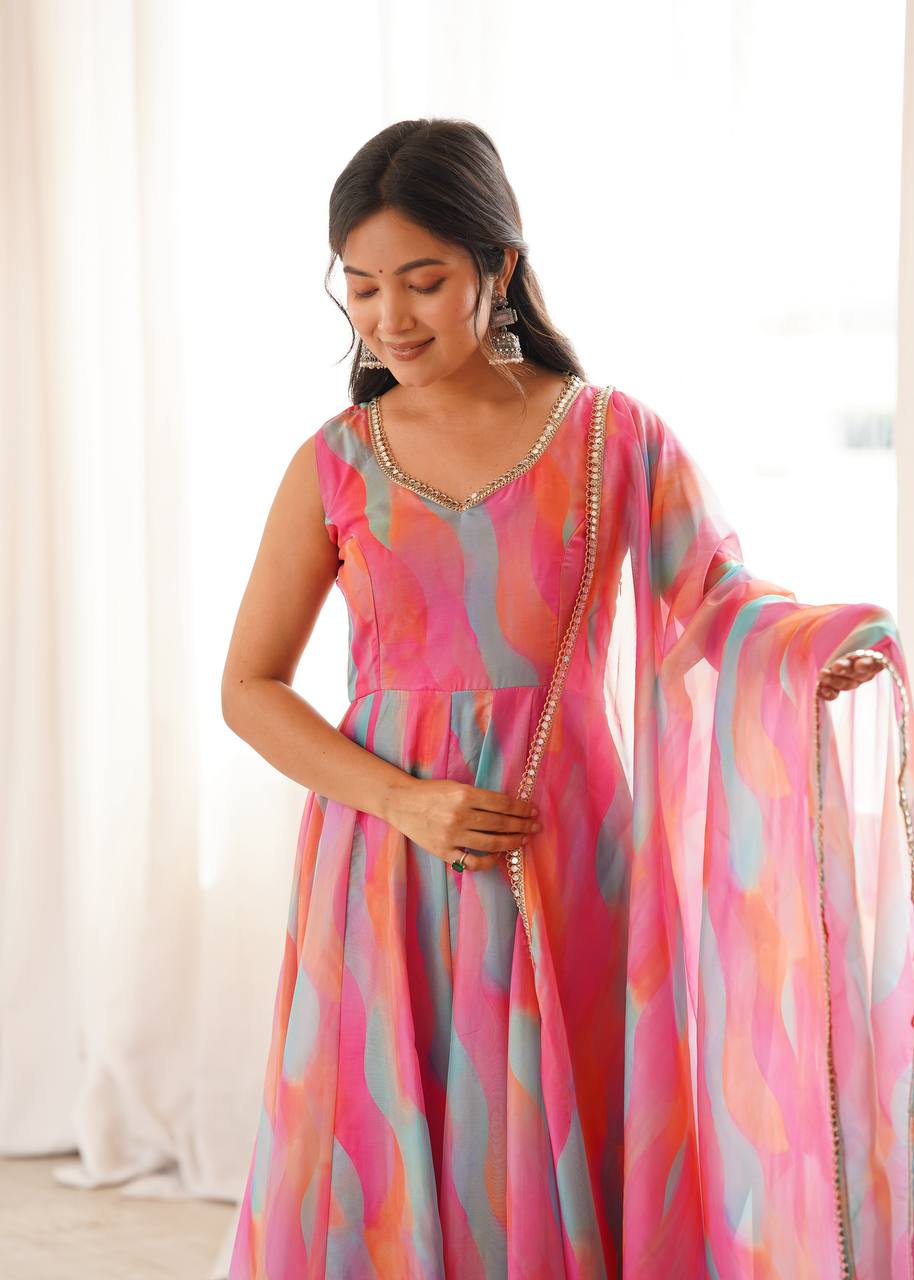 Tebi Organza Mirror Lace Gown with Pant and Dupatta