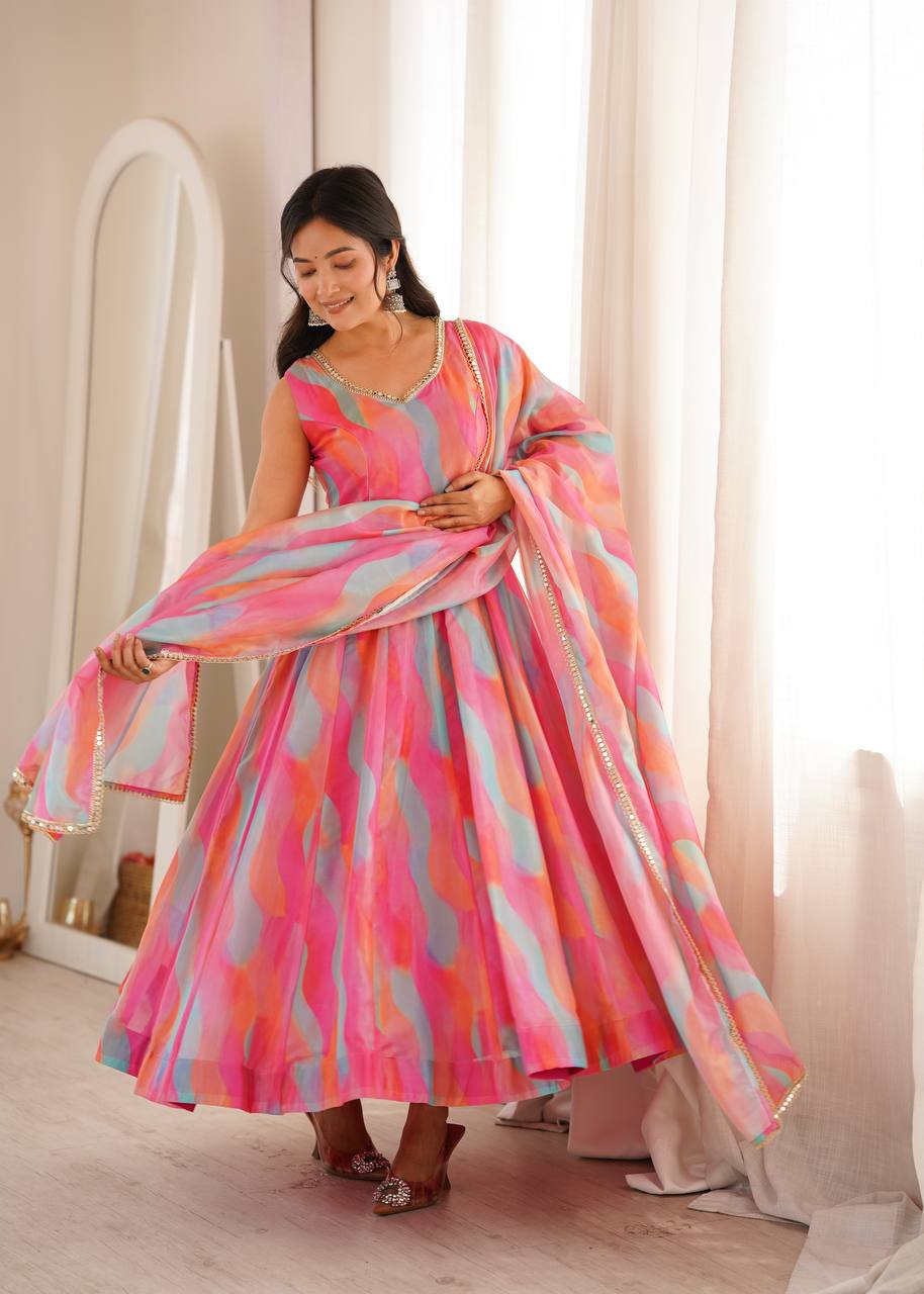 Tebi Organza Mirror Lace Gown with Pant and Dupatta