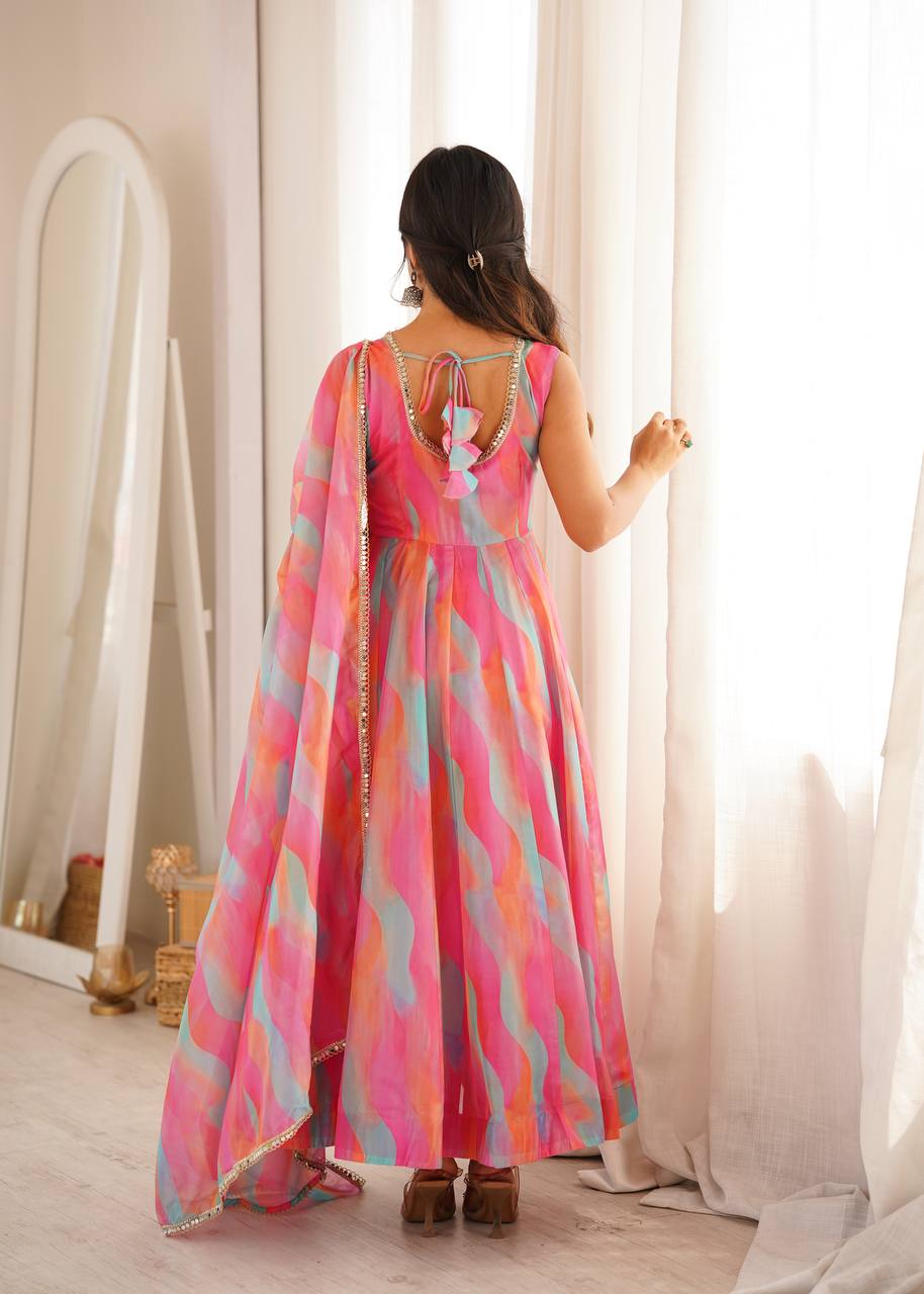 Tebi Organza Mirror Lace Gown with Pant and Dupatta