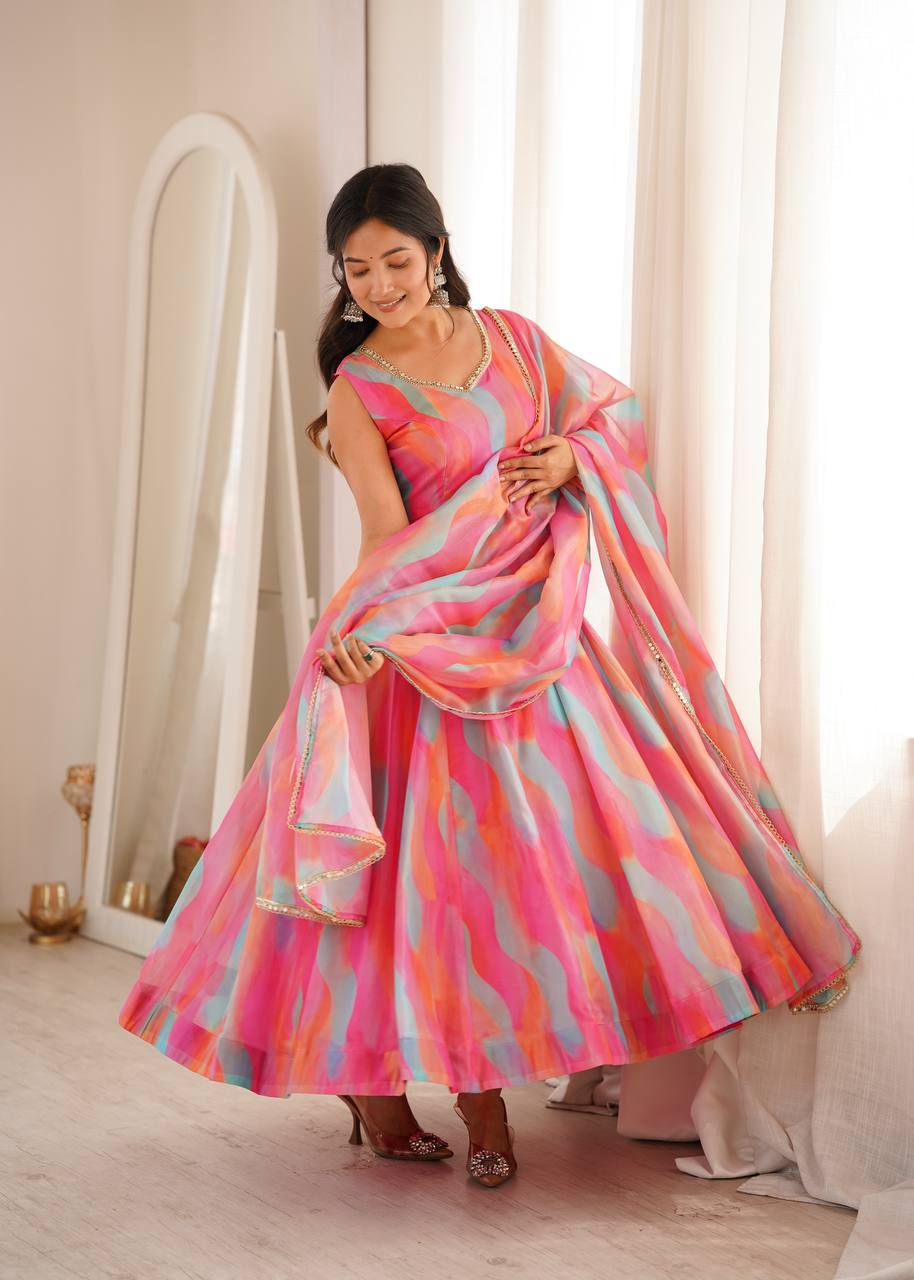 Tebi Organza Mirror Lace Gown with Pant and Dupatta