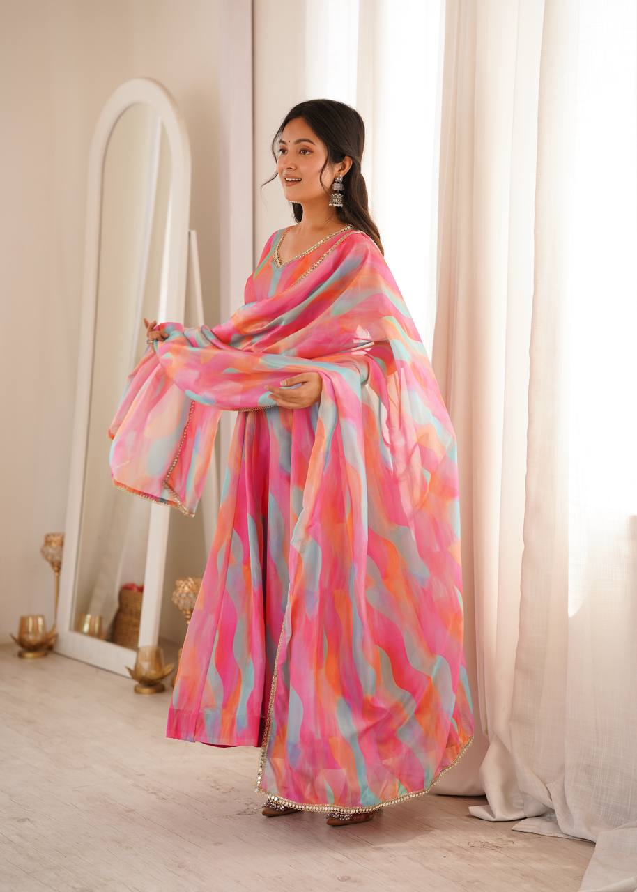 Tebi Organza Mirror Lace Gown with Pant and Dupatta