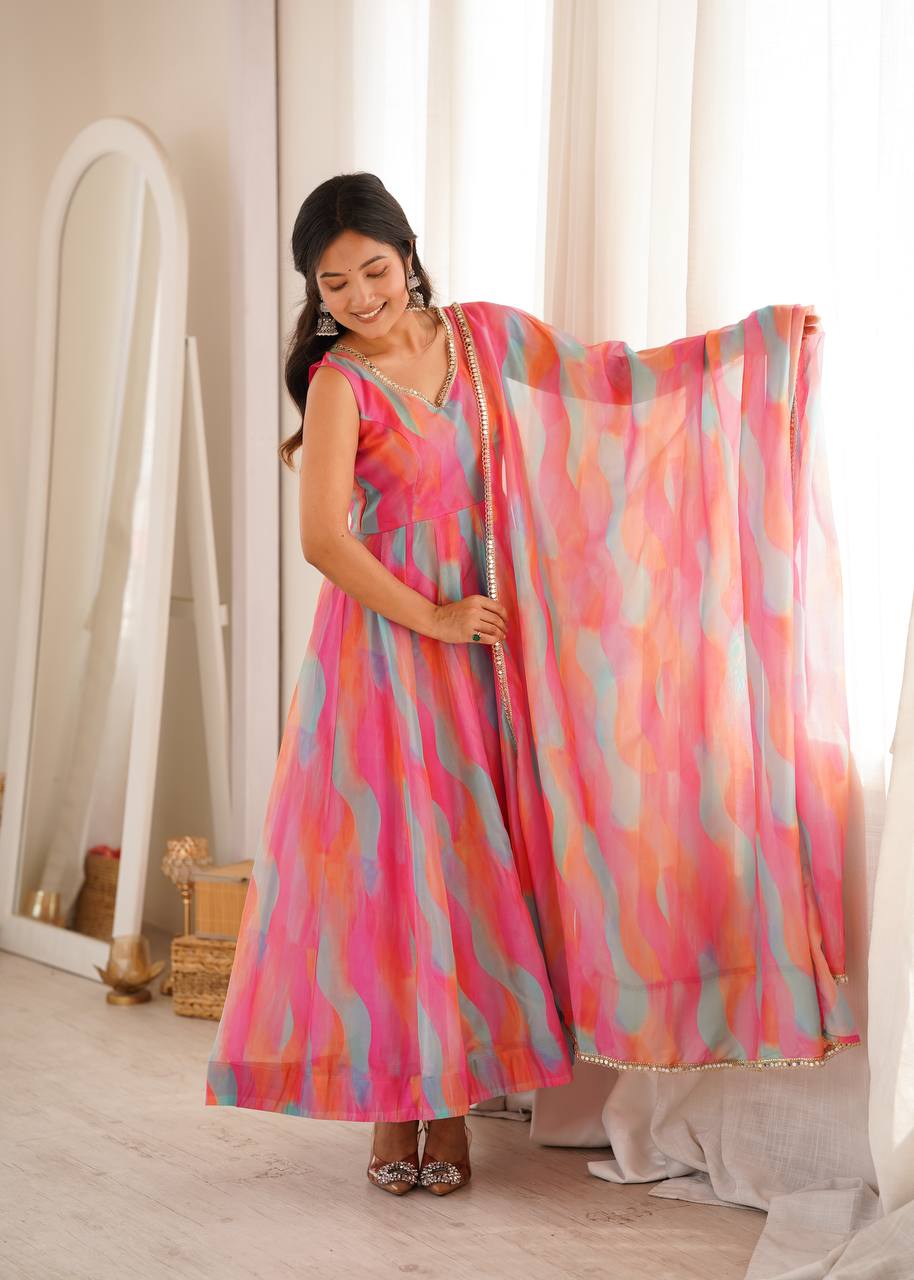 Tebi Organza Mirror Lace Gown with Pant and Dupatta